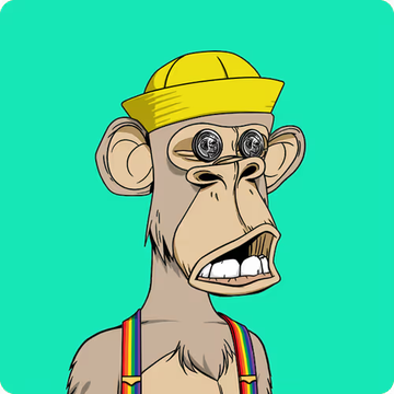 A Bored Ape Yacht Club-style cartoon monkey NFT wearing a yellow beanie, glasses, and rainbow suspenders against a teal background.