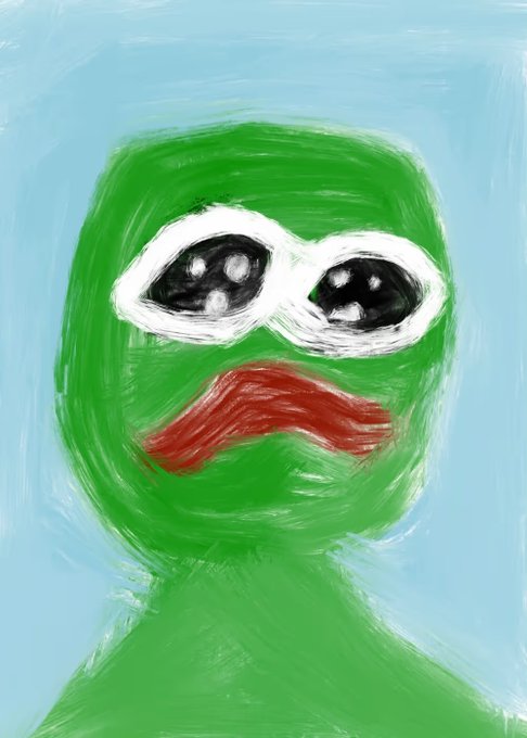 The image features a green frog with white eyes, painted in an impressionistic style that gives it a sad expression. The painting is titled "Sad Pepe" by VVD, which suggests that the artist has created this piece for the notable peper named Pepe. The post also mentions that the artist made this painting for Notable Pepes Look how sad he is... I make this pepe.