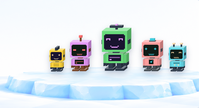 A 3D rendered illustration of five colorful pixel-art style robots/characters (in yellow, pink, green, salmon, and teal) with cute digital faces, standing together on a light blue ice platform against a white background.