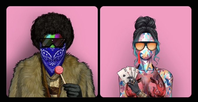 Two stylized digital portraits against pink backgrounds: a man in a fur coat, blue bandana mask, and dark sunglasses holding a red lollipop, alongside a woman with a colorful painted face holding a fan of cards.