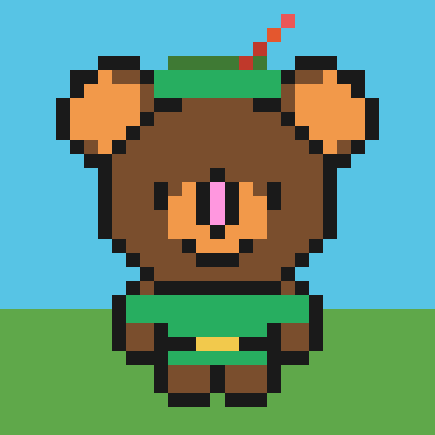 A pixel art illustration of a brown bear character wearing a green hat and outfit, standing against a blue sky and green ground background.