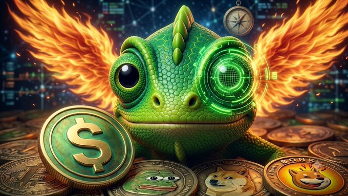 A green, winged chameleon with a digital eye sits atop various crypto coins, including PEPE, Dogecoin, and BONK, symbolizing potential new meme coin leaders. The image relates to the post by visually representing the past meme coin leaders mentioned and the idea of new opportunities in the crypto market.