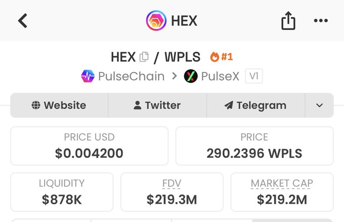 Crypto price tracker app screen showing the HEX/WPLS token on PulseChain/PulseX V1, priced at $0.004200 (290.2396 WPLS), with liquidity of $878K and market cap of $219.2M.