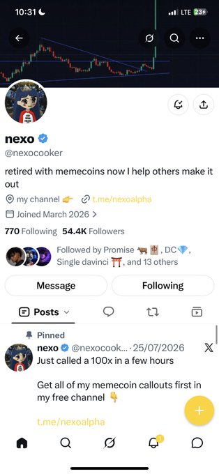 A mobile screenshot of the Twitter/X profile for @nexocooker (nexo), showing 54.4K followers, a pinned post about 'calling a 100x' meme coin callouts, and an 't.me/nexoalpha' link.