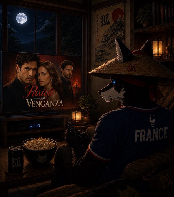 An anthropomorphic wolf wearing a straw hat and a 'FRANCE' jersey watches a show called 'Pasión por Venganza' on TV, sitting in a dimly lit room with a bowl of popcorn, a soda can, and a full moon visible through the window.