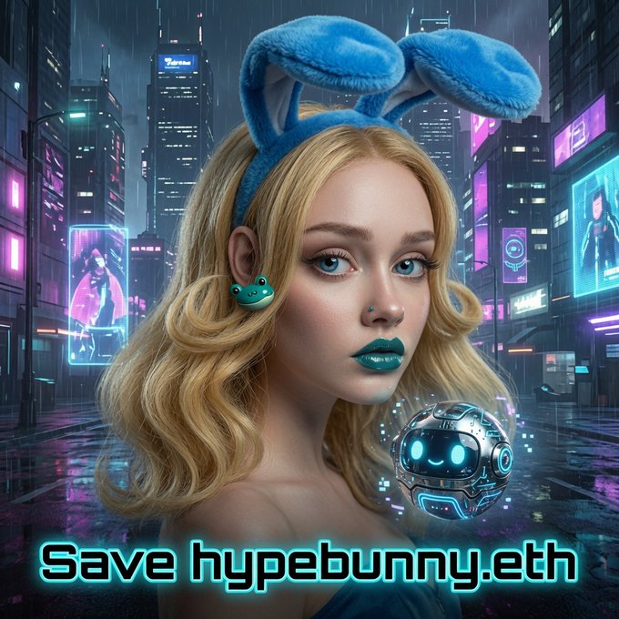 A digital artwork of a blonde woman with teal lipstick wearing blue bunny ears in a cyberpunk city setting, with a small frog earring and a robot companion, with text reading 'Save hypebunny.eth'.