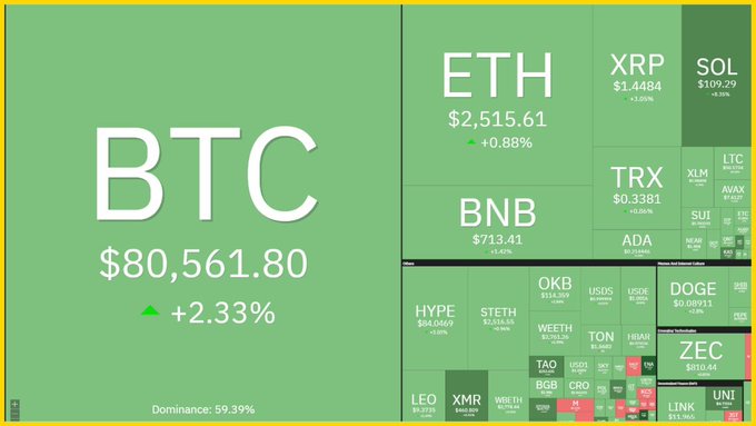 A cryptocurrency market dashboard on a green treemap showing BTC at $80,561.80 (+2.33%) with 59.39% dominance, alongside ETH, XRP, SOL, BNB, and other altcoins.