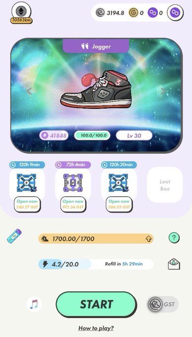 Screenshot of a mobile game featuring a 'Jogger' sneaker NFT at Level 30 with 100.0/100.0 energy, showing loot boxes available and a START button.