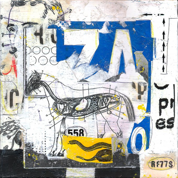 A mixed-media collage artwork depicts an anatomical horse diagram with visible organs, surrounded by abstract elements including a face profile, arrows, the number '558', and the text 'RF77S'.