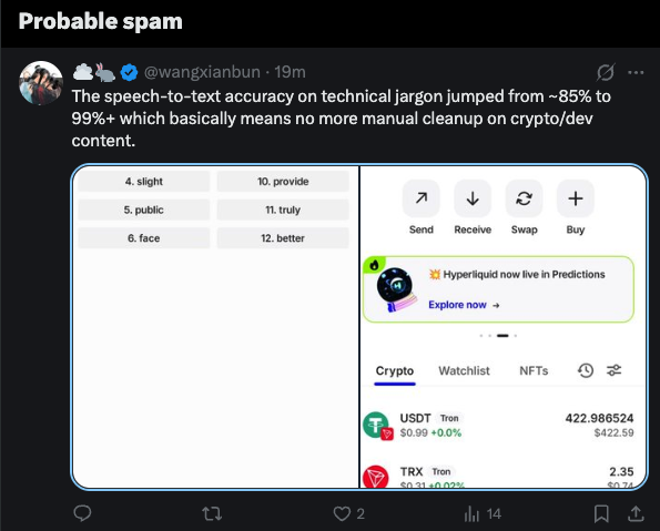 A tweet from @wangxianbun discusses improved speech-to-text accuracy (85% to 99%+) on technical jargon, with an attached image showing vocabulary words, app icons (Send, Receive, Swap, Buy), a Hyperliquid ad, and crypto prices for USDT and TRX on Tron.