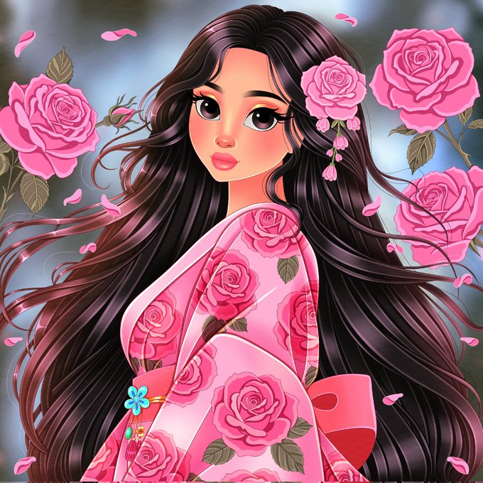 A stylized illustration features an anime-inspired woman with long flowing dark hair, wearing a pink kimono adorned with rose patterns, set against a backdrop of vibrant pink roses and falling petals—evoking a sense of beauty and new beginnings that complements the post's hopeful "good morning" sentiment and its promotion of an NFT collection on OpenSea.