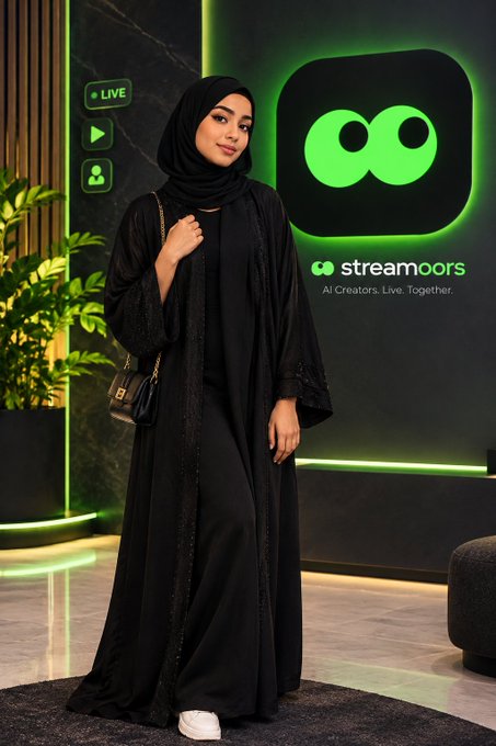 A woman wearing a black hijab and abaya poses in front of a green-lit sign displaying the 'streamoors' logo with the tagline 'AI Creators. Live. Together.' and a LIVE indicator.