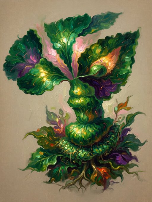 A vibrant, dreamlike painting depicts a fantastical plant spirit with lush green leaves glowing in hues of pink, purple, and gold, embodying the ethereal "Luminous Verdant Spirit." The artwork radiates an otherworldly energy that perfectly complements the title, offering a beautiful and tranquil closing image for the day.