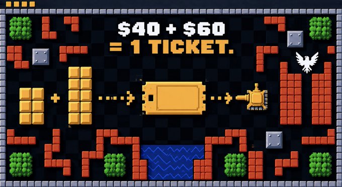 A retro pixel-art graphic shows game elements with the text '$40 + $60 = 1 TICKET.' illustrating how block combinations combine into a ticket and turtle character.