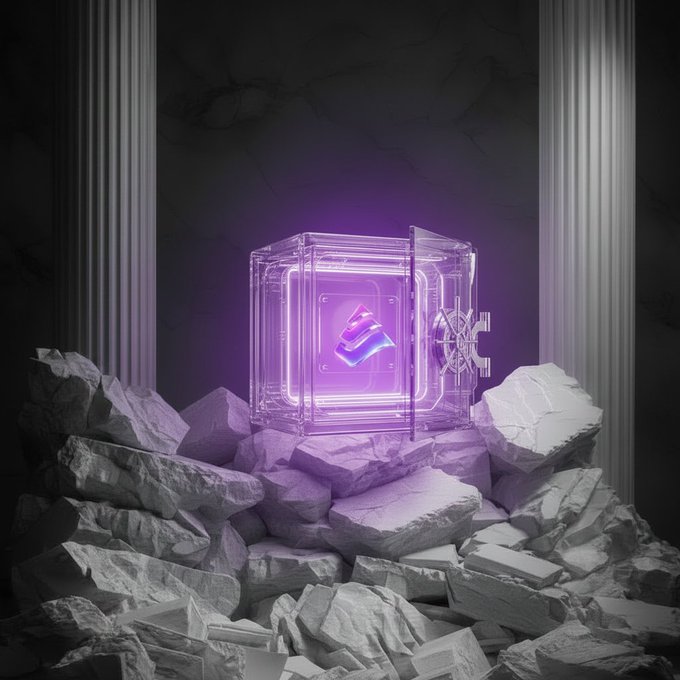 A glowing purple vault sits atop a pile of stone rubble, framed by classical columns, with a luminous Bitcoin symbol at its center—visually representing secure, institutional-grade custody. The text "app.bedrock.technology/vaults" reinforces the image's theme of turning Bitcoin into a productive, yield-generating asset backed by real credit.