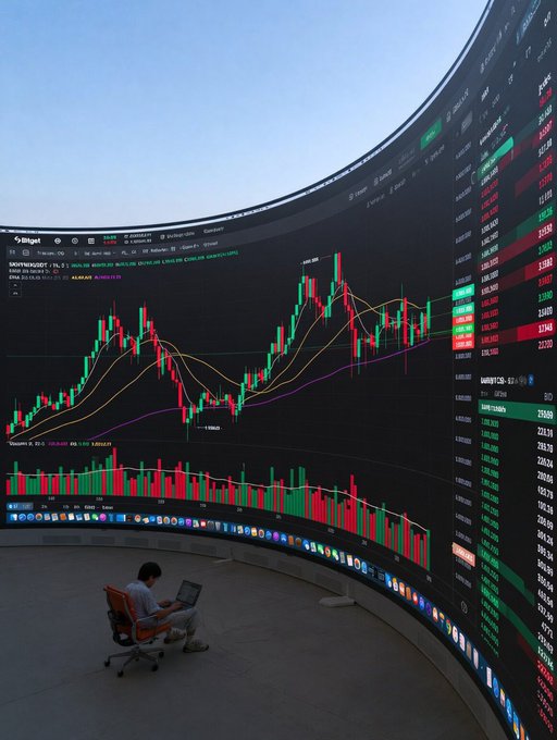 A person sits in an office chair working on a laptop in front of a massive, curved display showing stock market candlestick charts and numerical data.