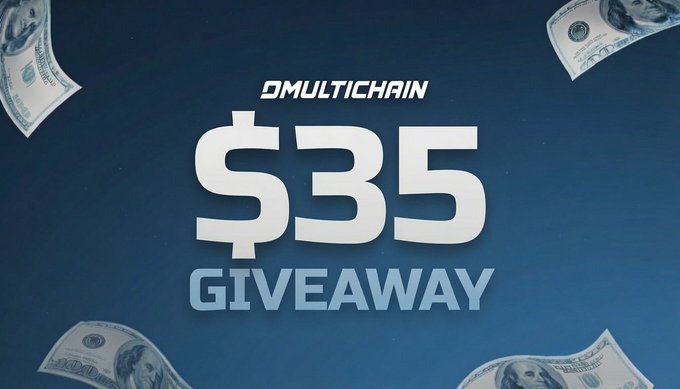 A promotional graphic on a dark blue background displays "$35 GIVEAWAY" in large bold white and light blue text, with the "DMULTICHAIN" logo at the top and floating $100 bills decorating the corners. The image visually advertises the cryptocurrency giveaway mentioned in the post, reinforcing the $35 prize and OptionsLabAI sponsorship.
