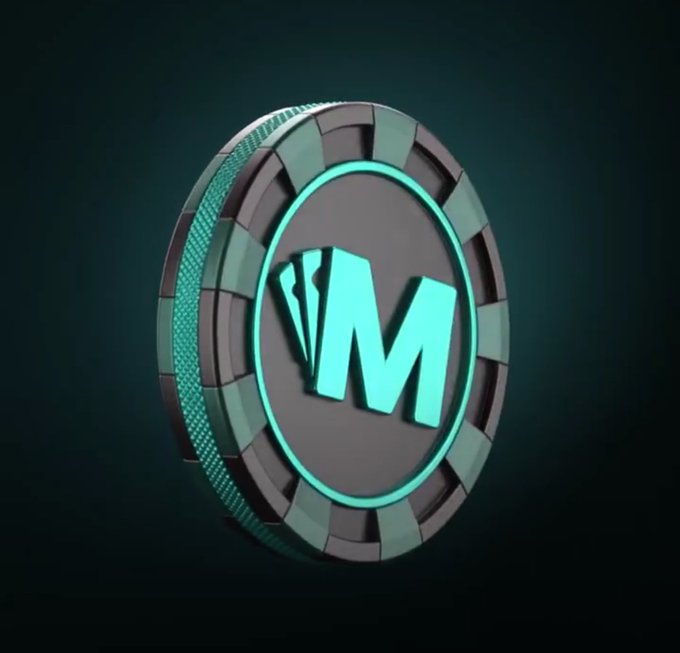 A 3D rendered metallic coin with a glowing teal center featuring a stylized letter 'M' resembling playing cards, set against a dark background.