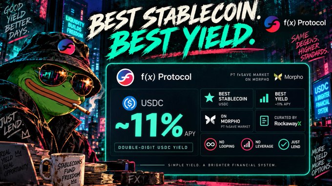 Advertisement for f(x) Protocol promoting 'BEST STABLECOIN. BEST YIELD.' with ~11% APY on USDC, featuring a cartoon frog character in a neon city setting.