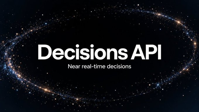 A promotional graphic displays "Decisions API" with the tagline "Near real-time decisions" against a backdrop of a glowing cosmic ring of stars.