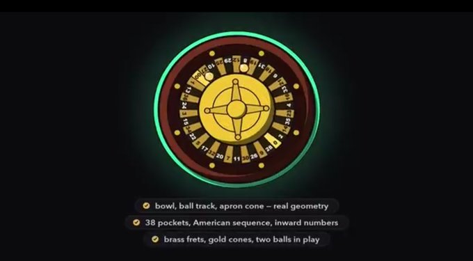 A circular, illuminated design resembling a roulette wheel with numbered slots and a gold center, accompanied by bullet points about geometry, pockets, and brass frets.