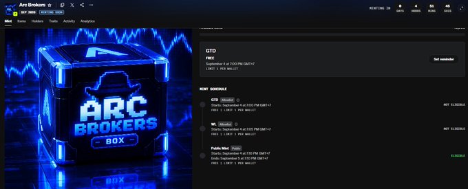A screenshot of the "Arc Brokers" website showing a futuristic blue cube logo and a mint schedule with GTD, WL, and Public Mint options for "Arc Brokers Box."