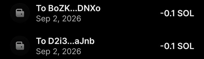 The image displays two cryptocurrency transaction records dated Sep 2, 2026, each showing a -0.1 SOL transfer to the winners of a giveaway—addresses "BoZK...DNXo" and "D2i3...aJNb"—corroborating the announced prizes sent via the linked Solscan transactions.