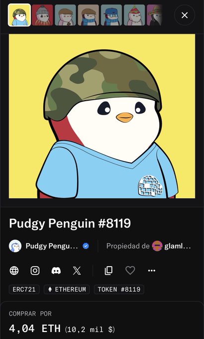 An NFT listing page showing 'Pudgy Penguin #8119' priced at 4.04 ETH (10.2 mil $) with ERC721 and ETHEREUM tags.