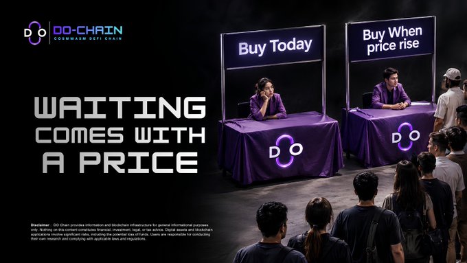 An advertisement for DO-CHAIN cryptocurrency features the tagline 'WAITING COMES WITH A PRICE' alongside two booth attendants labeled 'Buy Today' and 'Buy When price rise,' with a crowd of people approaching.