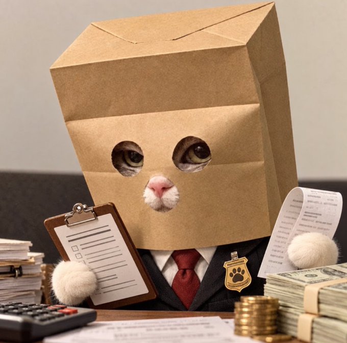 A humorous AI-generated image of a cat dressed in a suit with a brown paper bag over its head featuring eye holes, sitting at a desk with a clipboard, calculator, stacks of cash, and coins, resembling a financial auditor or banker.