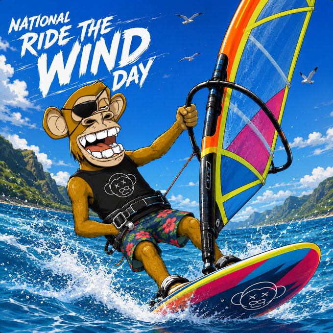 A vibrant cartoon illustration of a monkey wearing sunglasses and Hawaiian shorts windsurfing, with text reading "NATIONAL RIDE THE WIND DAY."