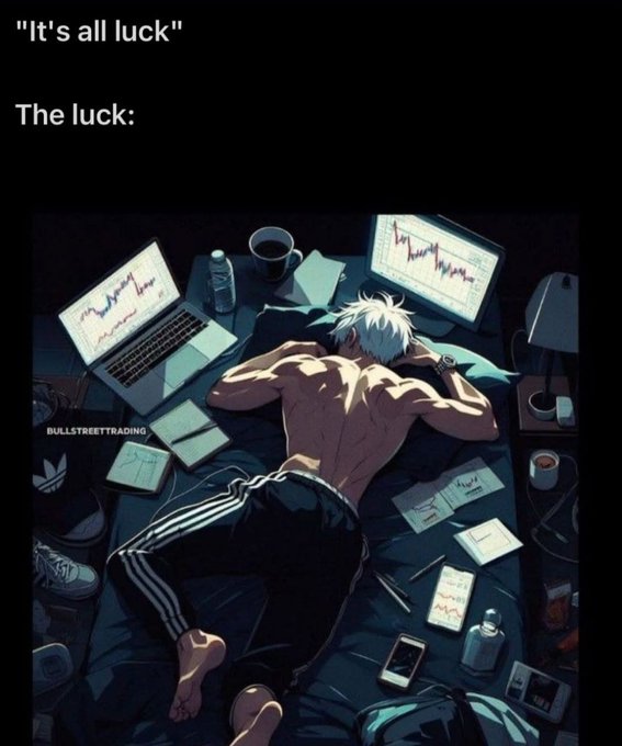 An anime-style meme image featuring a shirtless, exhausted figure lying face-down on a bed surrounded by laptops displaying stock charts, scattered papers, and coffee cups, with the text "It's all luck" and "The luck:" above.