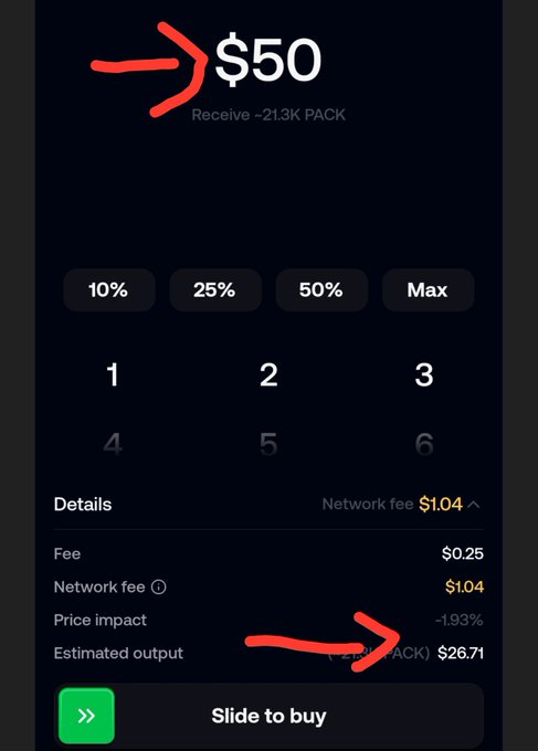 A mobile app interface showing a $50 purchase with an estimated output of (CRYPTO PACK) $26.71, with red arrows pointing to the input and output amounts.