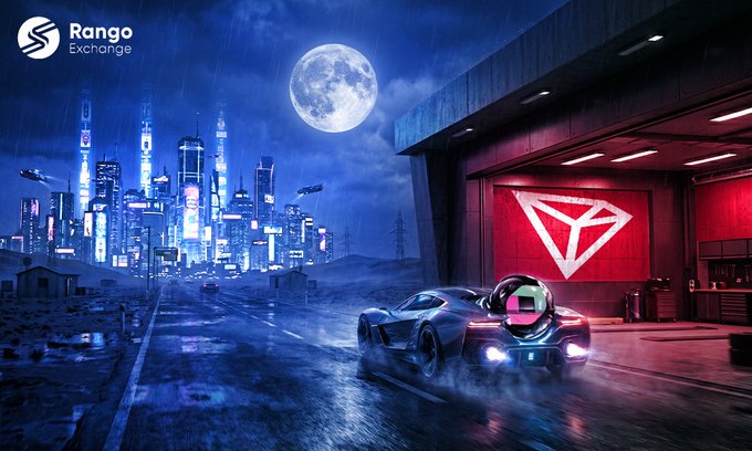 A cyberpunk-style promotional image for Rango Exchange featuring a futuristic cityscape at night with a sports car and the TRON (TRX) logo on a garage wall.