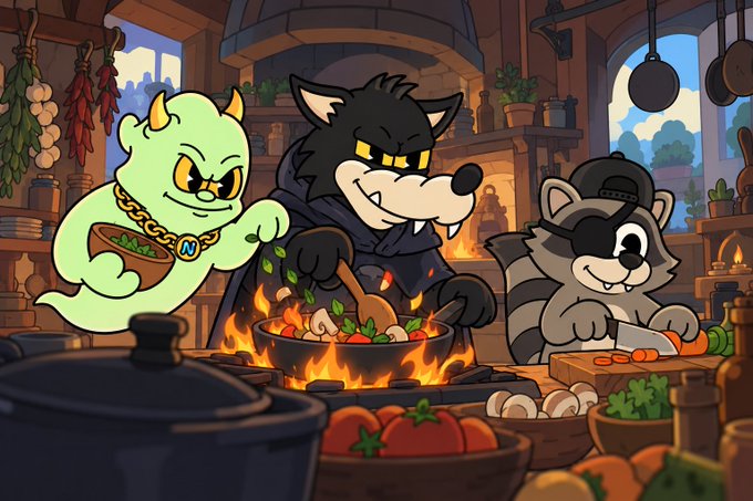 A cartoon illustration of a green horned ghost-like character wearing a gold "N」chain, a black wolf-like character cooking over a fire, and a raccoon chopping vegetables in a rustic kitchen.