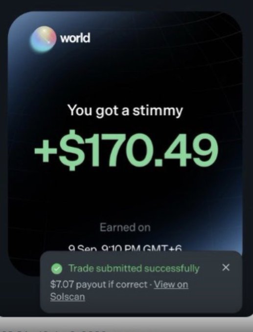 Worldcoin app notification showing '+ $170.49 stimmy earned' with a 'Trade submitted successfully' alert for $7.07 payout.