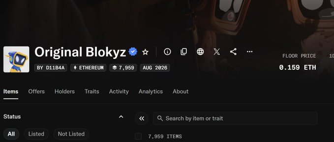 An NFT collection page displays 'Original Blokyz' on the Ethereum blockchain with a floor price of 0.159 ETH and 7,959 items.