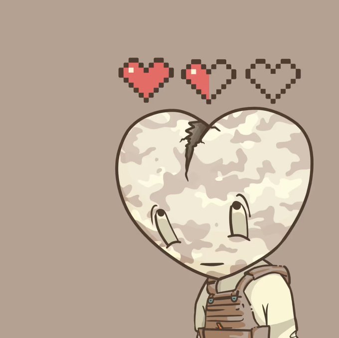 A digital drawing of a heart-headed character with a cracked face and overalls, positioned below three pixel-art hearts indicating a health meter of 1/3.