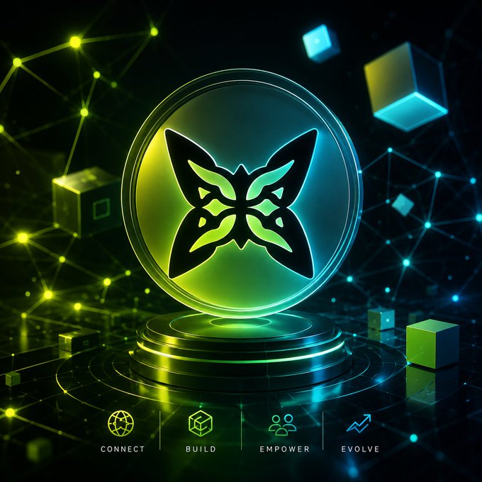 A futuristic digital artwork featuring a glowing green and blue butterfly logo inside a transparent dome, with 'CONNECT', 'BUILD', 'EMPOWER', and 'EVOLVE' icons displayed below.