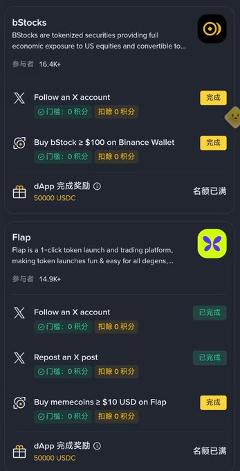 A crypto rewards dashboard in Chinese showing completed and available tasks for bStocks and Flap dApps, including options to follow X accounts, purchase tokens on Binance Wallet, and earn up to 50,000 USDC.