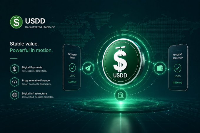 The image is a promotional graphic for USDD, a "Decentralized Stablecoin," featuring a glowing green circular emblem with a dollar sign and "USDD" text at the center, flanked by two smartphone screens showing "PAYMENT SENT" and "PAYMENT RECEIVED" notifications for $250.00 each. The graphic highlights three key features: "Digital Payments" (Fast, Secure, Borderless), "Programmable Finance" (Smart contracts, Real utility), and "Digital Infrastructure" (Connected, Reliable, Scalable), visually reinforcing the post's message about USDD's ability to not just hold stable value but actively enable borderless digital transactions and programmable financial applications on blockchain infrastructure.