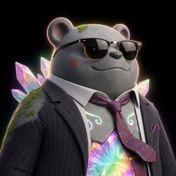3D rendered character of a gray bear wearing sunglasses, a pinstripe suit, and a colorful tie, with glowing tie-dye crystals on its back against a black background.