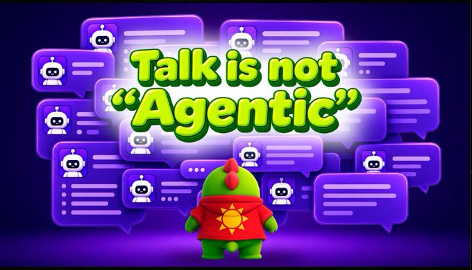 A digital illustration featuring a green dinosaur-like character in a red shirt with a yellow sun symbol, facing away from the viewer toward purple chat bubbles with robot icons, under the green text "Talk is not 'Agentic'".