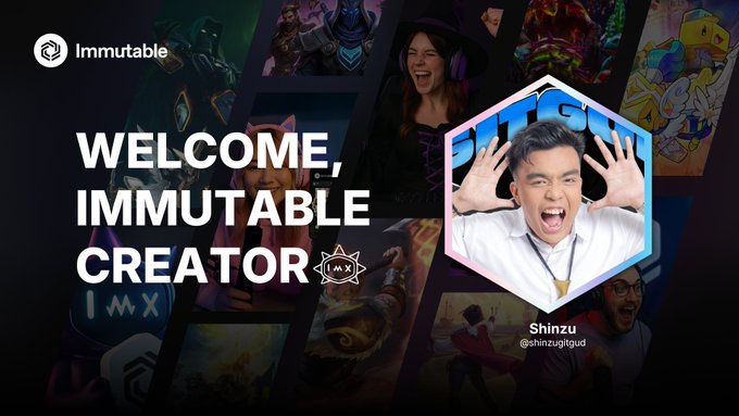 A promotional graphic reads 'WELCOME, IMMUTABLE CREATOR' featuring an enthusiastic person named Shinizu with the handle @shinizugijud, set against a background of various digital art pieces.