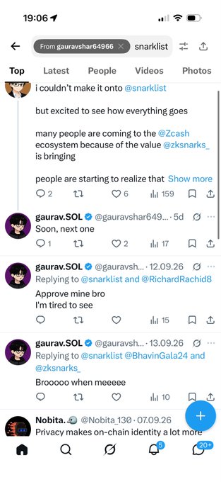 A screenshot of Twitter/X posts from 'gaurav.SOL' replying to '@snarklist' about the Zcash ecosystem and @zksnarks_, with timestamps like '12.09.26' and '13.09.26'.