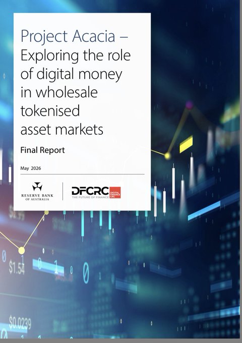 The image features a white background with blue lines and numbers that appear to be related to finance or cryptocurrency. The text "Project Acacia" is written at the top of the image, followed by "Exploring the role of digital money in wholesale tokenised asset markets." Below this title, there are two bullet points providing information about the project. One point explains that the RBA/DFCRC is testing wholesale tokenised asset settlement across multiple forms of money and infrastructure. The other point states that the real story is regulated financial infrastructure.