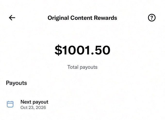 A mobile screenshot displays 'Original Content Rewards' showing total payouts of '$1001.50' with the next payout scheduled for October 23, 2026.