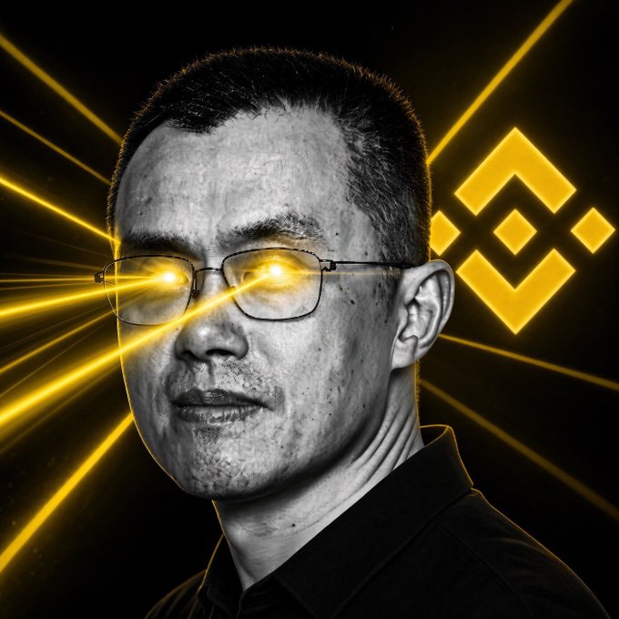 A black-and-white portrait of Changpeng "CZ" Zhao, the former CEO of Binance, is rendered with glowing yellow laser beams shooting from his glasses, with the yellow Binance (BNB) logo displayed beside him—visually reinforcing the "tokenize the world" message by portraying him as the visionary "laser-eyed" figure behind the BNB ecosystem.