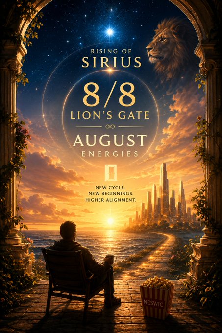 This image depicts "8/8 LION'S GATE AUGUST ENERGIES" with celestial and city imagery, symbolizing a "NEW CYCLE. NEW BEGINNINGS. HIGHER ALIGNMENT." The text "NCSWIC" is also visible on a popcorn container.