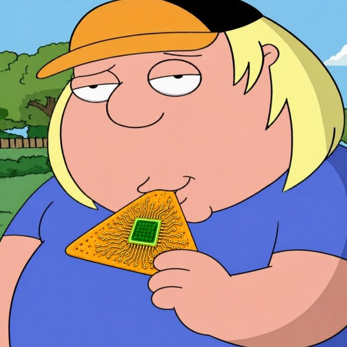 An animated cartoon character with blonde hair wearing an orange and black visor hat is eating a tortilla chip with a computer microchip design on it.